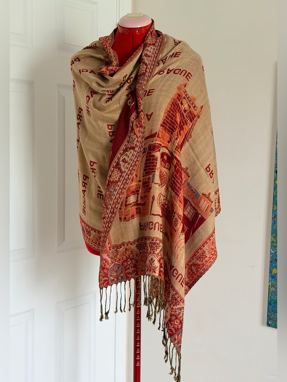 Vintage Cashmere Silk Blend Pashmina Scarf Prague Print Wrap 26x72 Large - Picture 3 of 8
